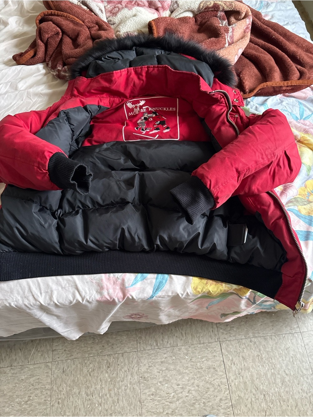 Moose Knuckles Kids Red and Black Puffer Jacket with Fur-Trim Hood